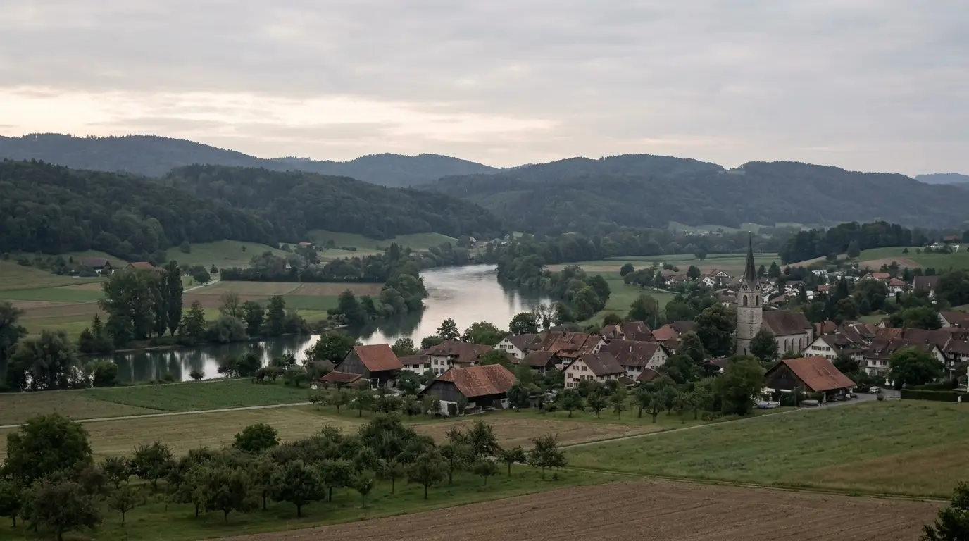 Blick über ein Flusstal mit Dorf, Kirchturm, Obstwiesen und Feldern, dahinter bewaldete Hügelzüge.