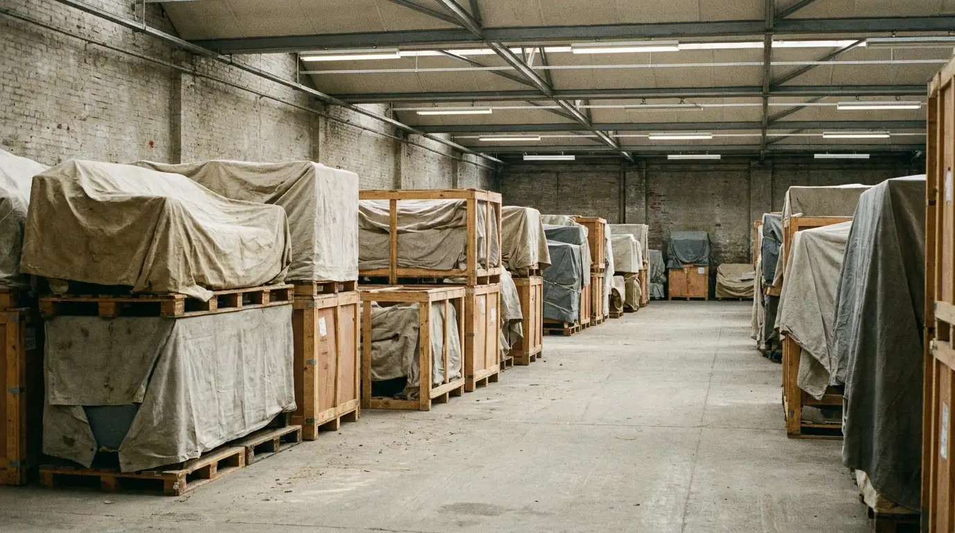 Lagerhalle mit abgedeckten Möbeln auf Paletten und in offenen Holzkisten, in Reihen aufgestellt.