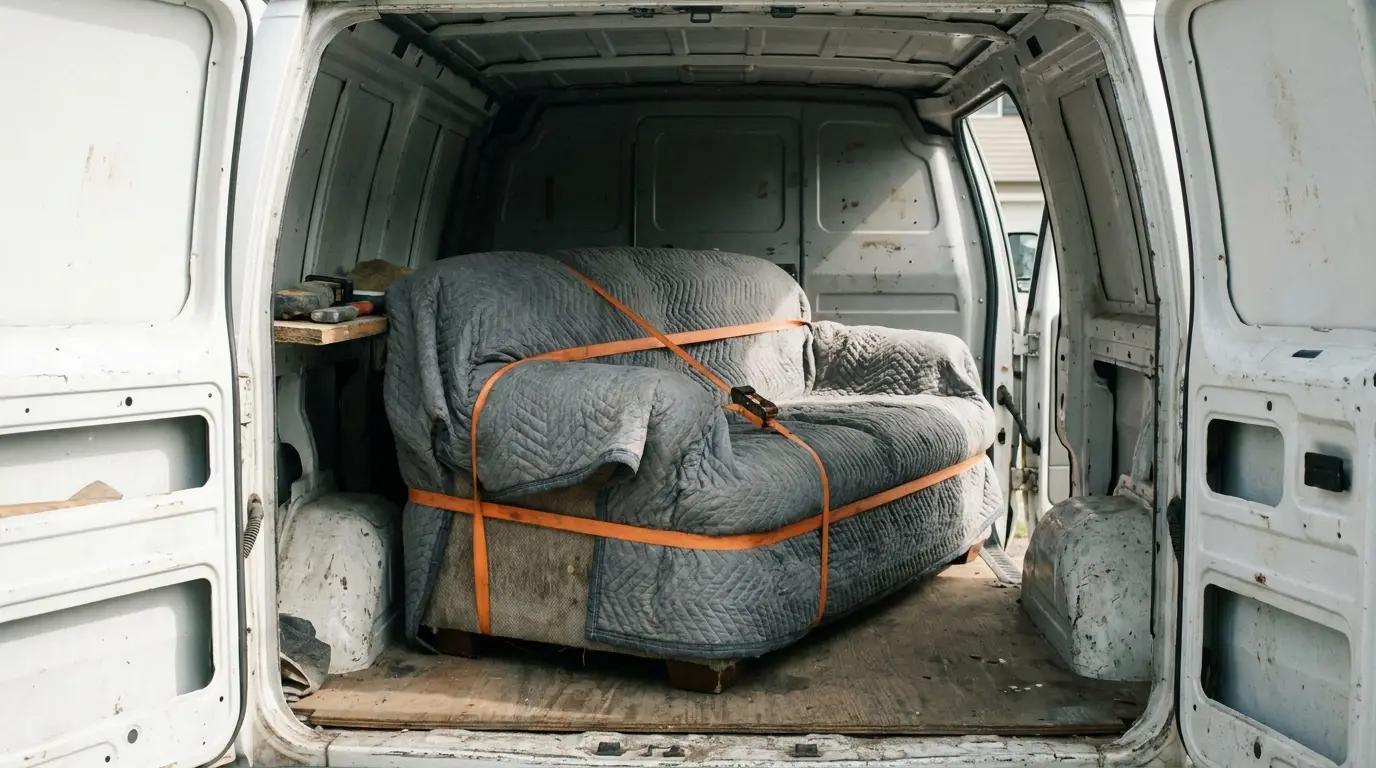 Ein einzelnes Sofa in Möbeldecken, mit Spanngurten gesichert, auf der Ladefläche eines Transporters.