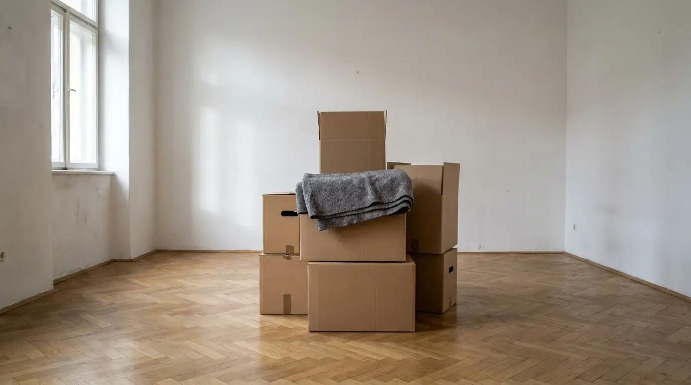 Leeres Zimmer mit Fischgrätparkett, in der Mitte ein Stapel Umzugskartons mit einer Möbeldecke obenauf.