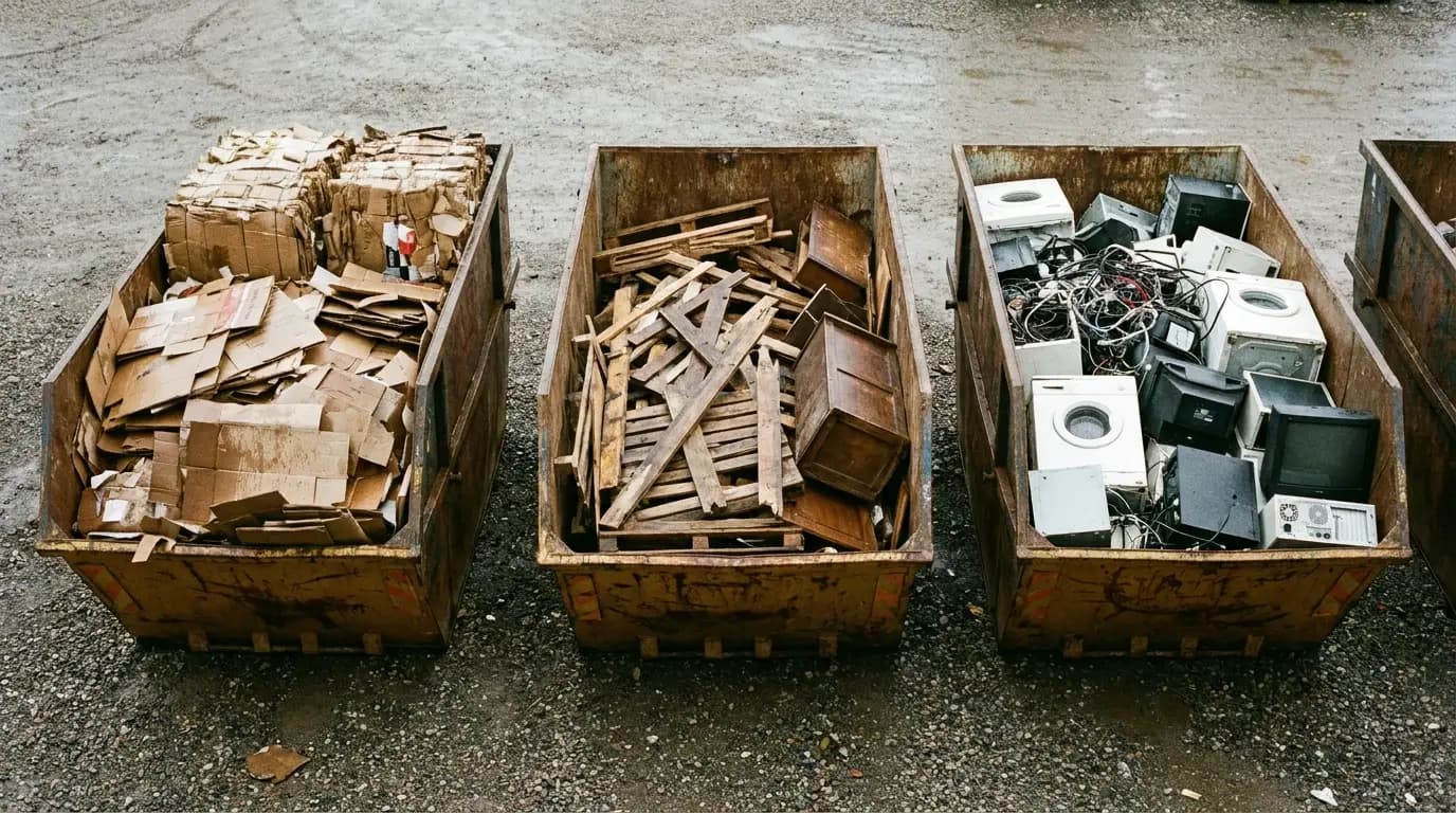 Drei Mulden auf einem Sammelplatz, getrennt befüllt mit Karton, Altholz und Elektrogeräten.