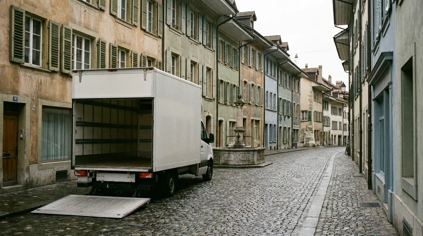 Möbelwagen mit heruntergelassener Ladebordwand am Rand einer gepflasterten Altstadtgasse, im Hintergrund ein Brunnen.