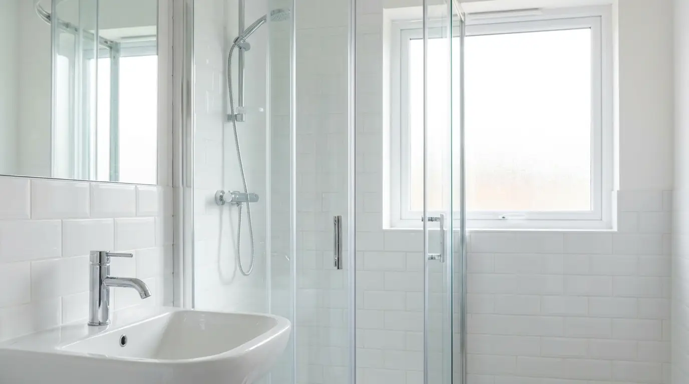 Frisch gereinigtes, leeres Badezimmer mit weissen Fliesen, Duschkabine und poliertem Waschbecken.